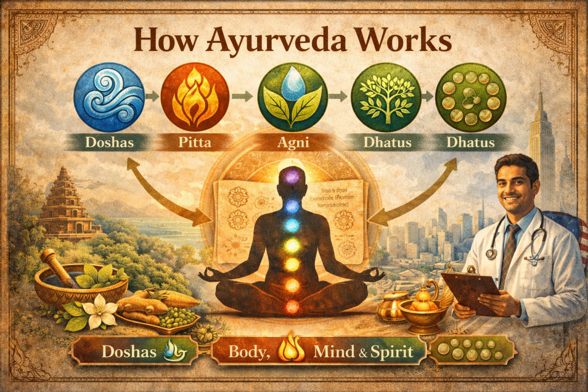 how ayurveda works, ayurveda mechanism, root cause treatment ayurveda, symptom vs root cause, ayurveda body systems, agni concept, digestion ayurveda, ama concept, detox ayurveda, mind-body balance ayurveda, lifestyle impact ayurveda, ayurveda healing process, ayurveda explained