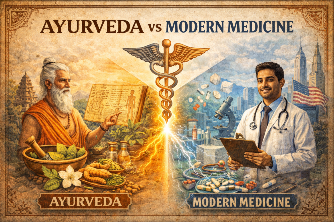 ayurveda vs modern medicine, ayurveda vs allopathy, ayurveda and modern medicine comparison, differences between ayurveda and modern medicine, ayurveda pros and cons, modern medicine pros and cons, integrative medicine ayurveda, when to use ayurveda, when to use modern medicine, ayurveda and western medicine together, holistic vs conventional medicine, complementary medicine, ayurveda allopathy integration